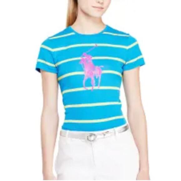 Polo Ralph Lauren Golf Big Pony Pink Lime Green Stripe Tshirt sz XL Preppy - Picture 4 of 7